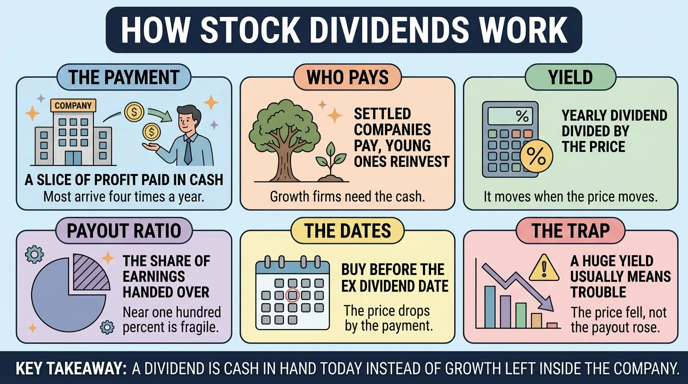 Six panels on dividends: a slice of profit paid in cash quarterly, settled firms pay while young ones reinvest, plus yield, payout ratio, the ex dividend date, and the high yield trap.