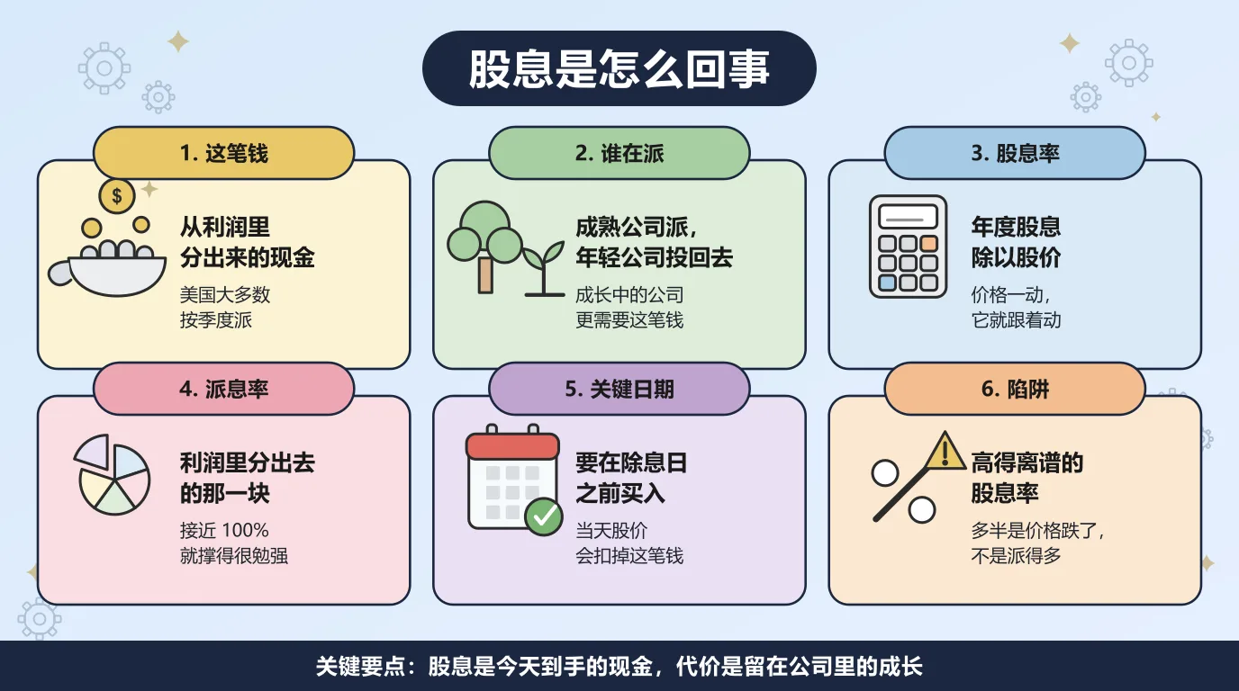 关于股息的六件事：股息是从利润里分出来的现金，美国大多数派息公司按季度派；成熟公司派息，还在成长的公司把钱投回业务；股息率是年度股息除以股价，价格一动它就跟着动；派息率是利润里分出去的那一块；要在除息日之前买入，当天股价会扣掉这笔钱；股息率高得离谱多半是价格跌了，不是派得多。