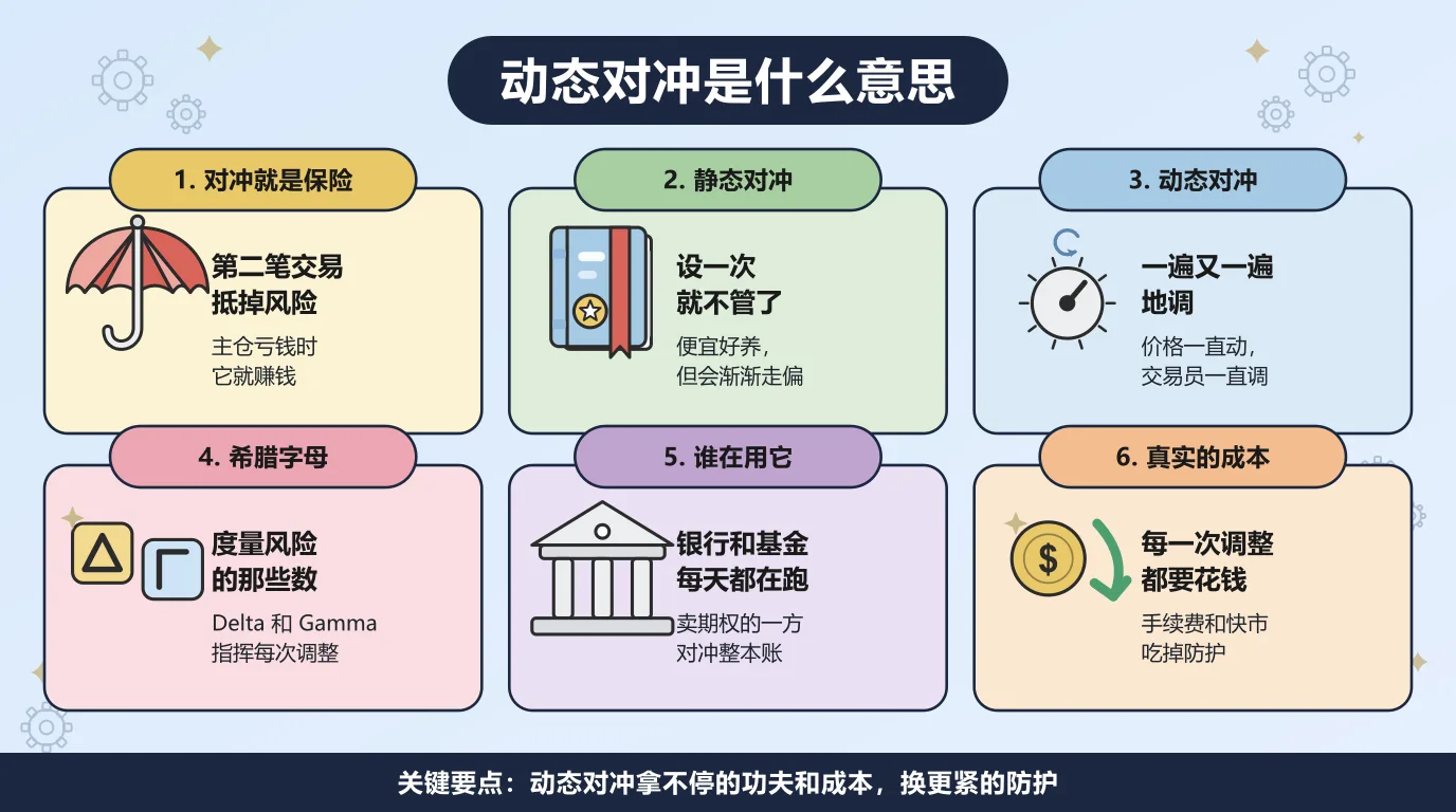 动态对冲是什么意思的六个方面：对冲就是保险，用第二笔交易抵掉风险，主仓亏钱时它就赚钱；静态对冲设一次就不管了，便宜好养但会渐渐走偏；动态对冲一遍又一遍地调，价格一直动，交易员就一直调；希腊字母是度量风险的那些数，Delta 和 Gamma 指挥每一次调整；银行和基金每天都在跑它，卖期权的一方要对冲整本账；每一次调整都要花钱，手续费和快市会吃掉防护。