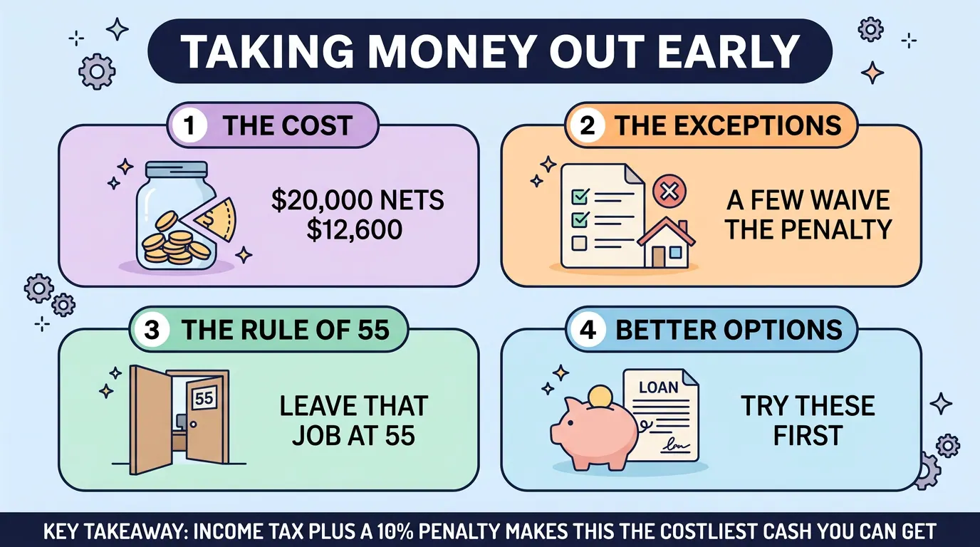 Four panels on early retirement withdrawals: $20,000 nets about $12,600 after tax and penalty, a few exceptions waive it, the rule of 55, and cheaper options to try first.