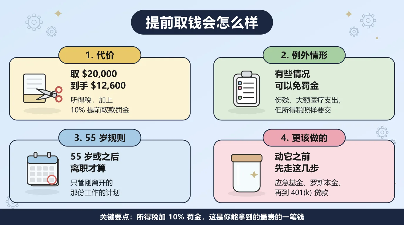 提前从退休账户取钱的四个方面：取出 $20,000，扣掉所得税和 10% 罚金后到手大约 $12,600；有一长串例外可以免掉罚金，但免不掉所得税；55 岁规则允许你免罚金动用刚离职那份工作的计划；在这之前先走应急基金、罗斯本金和 401(k) 贷款。
