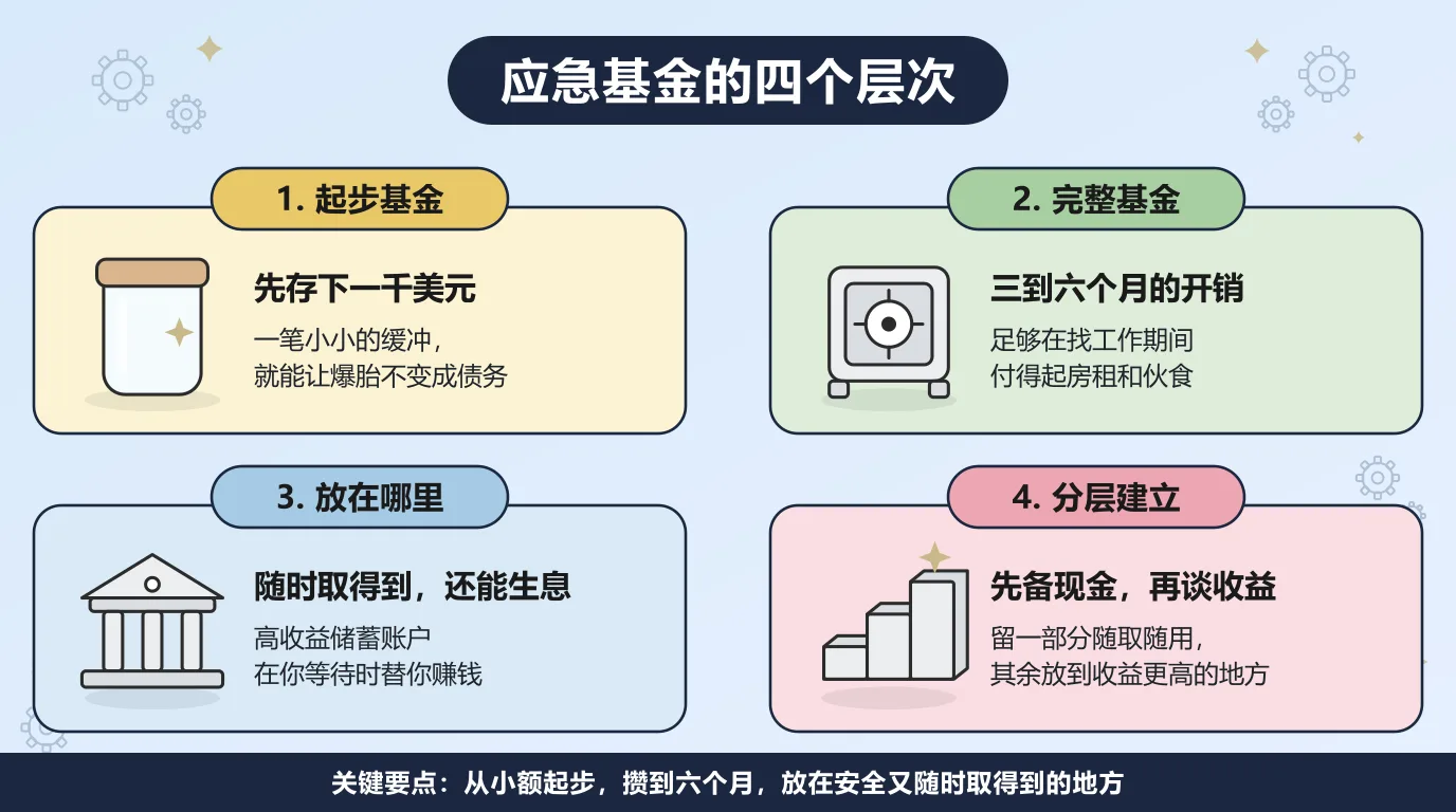 应急基金的四个层次：先存下一千美元作为起步，再攒到三到六个月的开销，放在随时能取又能生息的高收益储蓄账户，并且分层建立。