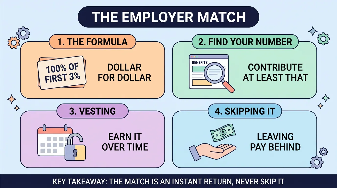 Four panels on the employer match: a typical dollar for dollar on the first 3%, contribute at least that much, vesting earns it over time, and skipping it leaves pay behind.