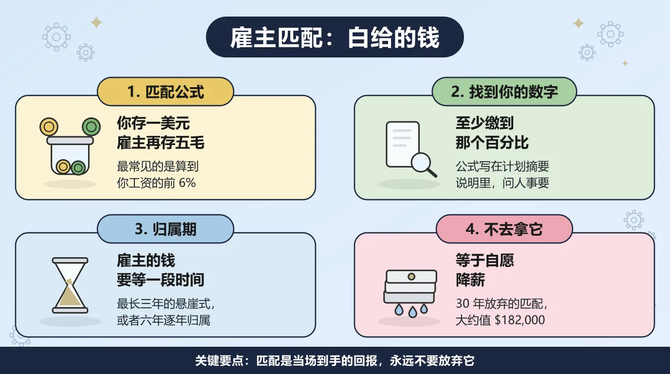 关于雇主匹配的四件事：最常见的公式是在你工资的前 6% 以内，你每存一美元雇主再存五毛；在计划摘要说明里找到自己那个百分比，至少缴到那里；雇主缴的钱要过了归属期才真正属于你；不去拿它，30 年下来大约值 $182,000。