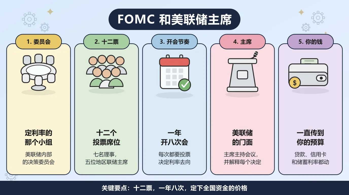 联邦公开市场委员会和美联储主席的五个要点：FOMC 是美联储内部决定利率的小组，十二个投票席位由七名理事和五位地区联储主席组成，委员会每年开八次会投票决定利率走向，主席是主持会议、解释每个决定的公开门面，而这些投票最后会改变你的贷款、信用卡和储蓄利率。