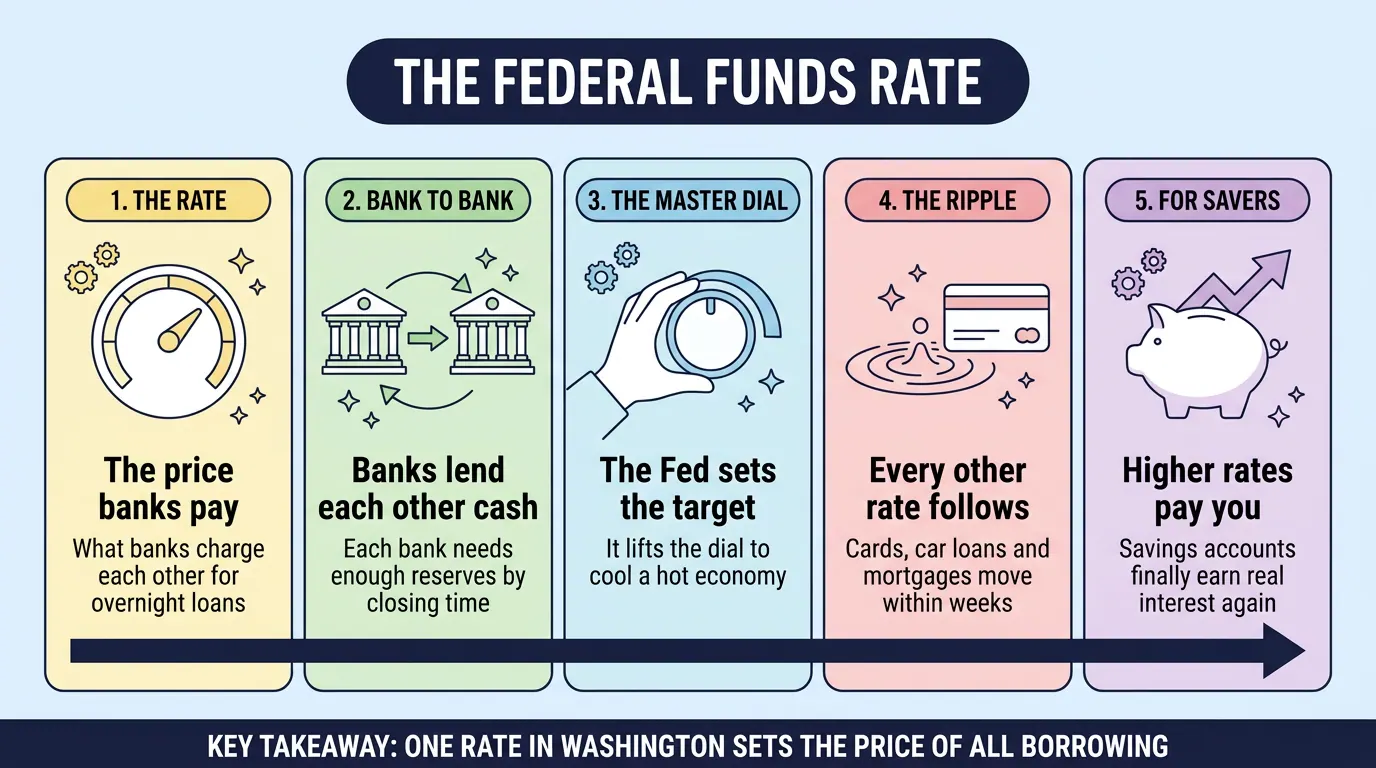Five step strip on the federal funds rate: the price banks pay each other overnight, the Fed setting the target dial, and the ripple out to cards, mortgages and savings yields.