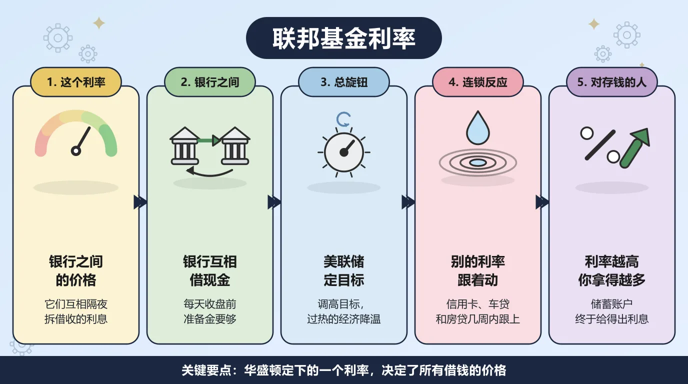 联邦基金利率的五个步骤：它是银行之间隔夜互相拆借收取的利息，银行每天收盘前要让准备金够数所以彼此调剂现金，美联储为这个利率设定目标、调高就给过热的经济降温，信用卡、车贷和房贷会在几周内跟着动，而存钱的人反过来拿到更高的储蓄利息。