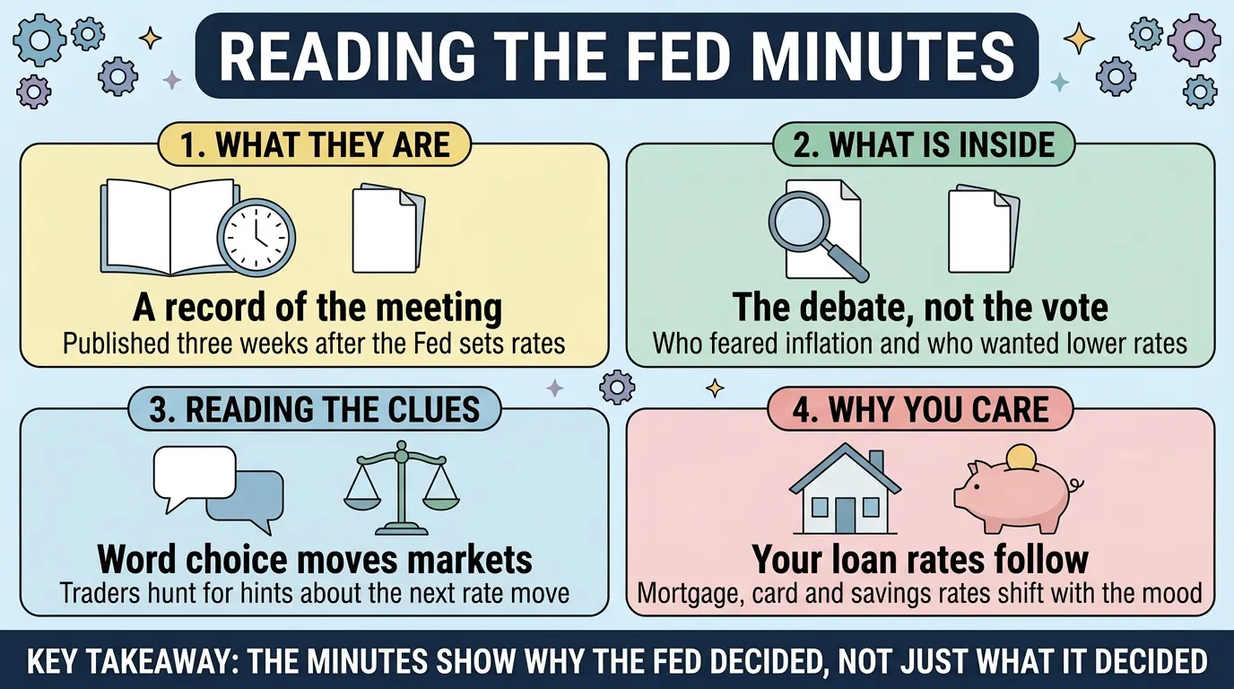 Four panels on the Fed minutes: a record published three weeks after a rate decision, the debate rather than the vote, why word choice moves markets, and how your loan rates follow.