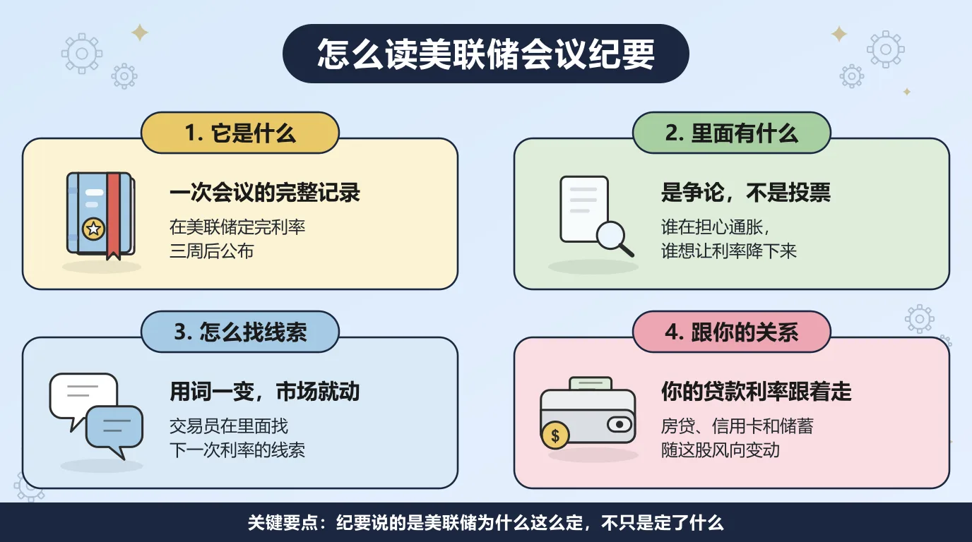 美联储会议纪要的四个方面：它是政策会议的完整记录，在利率决定公布整整三周后放出；里面记的是争论而不是投票结果，能看出谁担心通胀、谁主张降息；措辞的细微变化会让市场大幅波动，交易员就在里面找下一次利率的线索；而房贷、信用卡和储蓄利率也会跟着这股风向变动。
