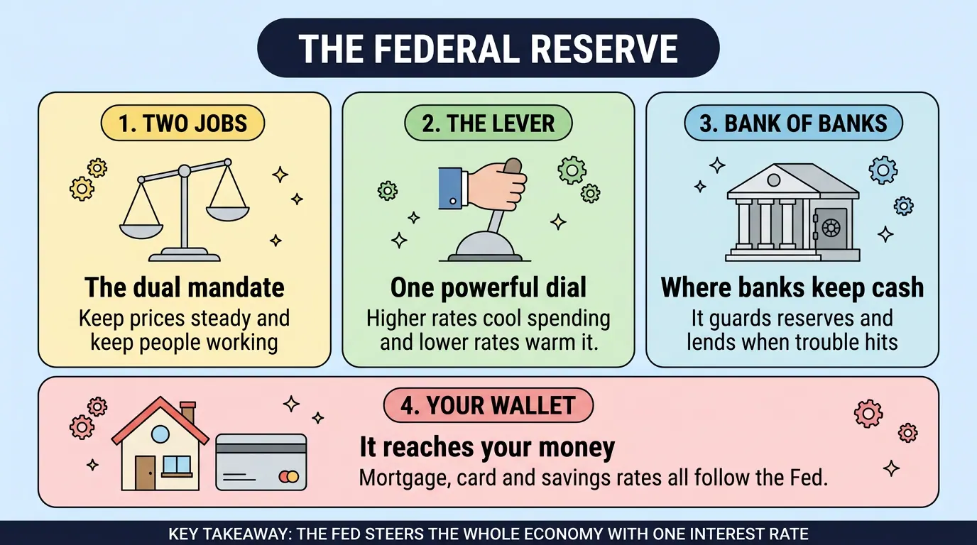 Four panels on the Federal Reserve: its dual mandate of steady prices and jobs, interest rates as one powerful dial, its role guarding bank reserves, and its reach into household rates.