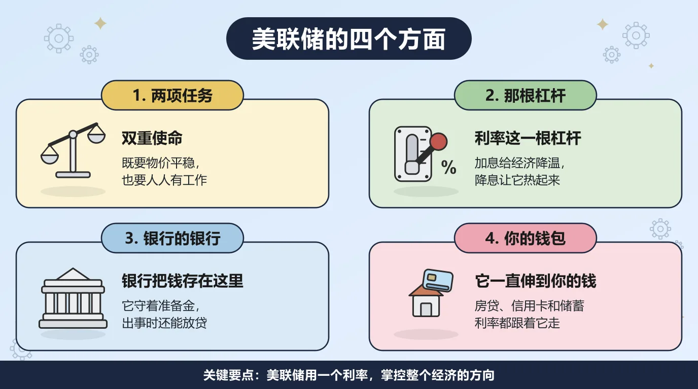 美联储的四个方面：双重使命要它同时看住物价和就业，利率是它手上最有力的一根杠杆，银行的准备金存在它那里、危机时由它放贷，而房贷、信用卡和储蓄的利率最后都跟着它走。