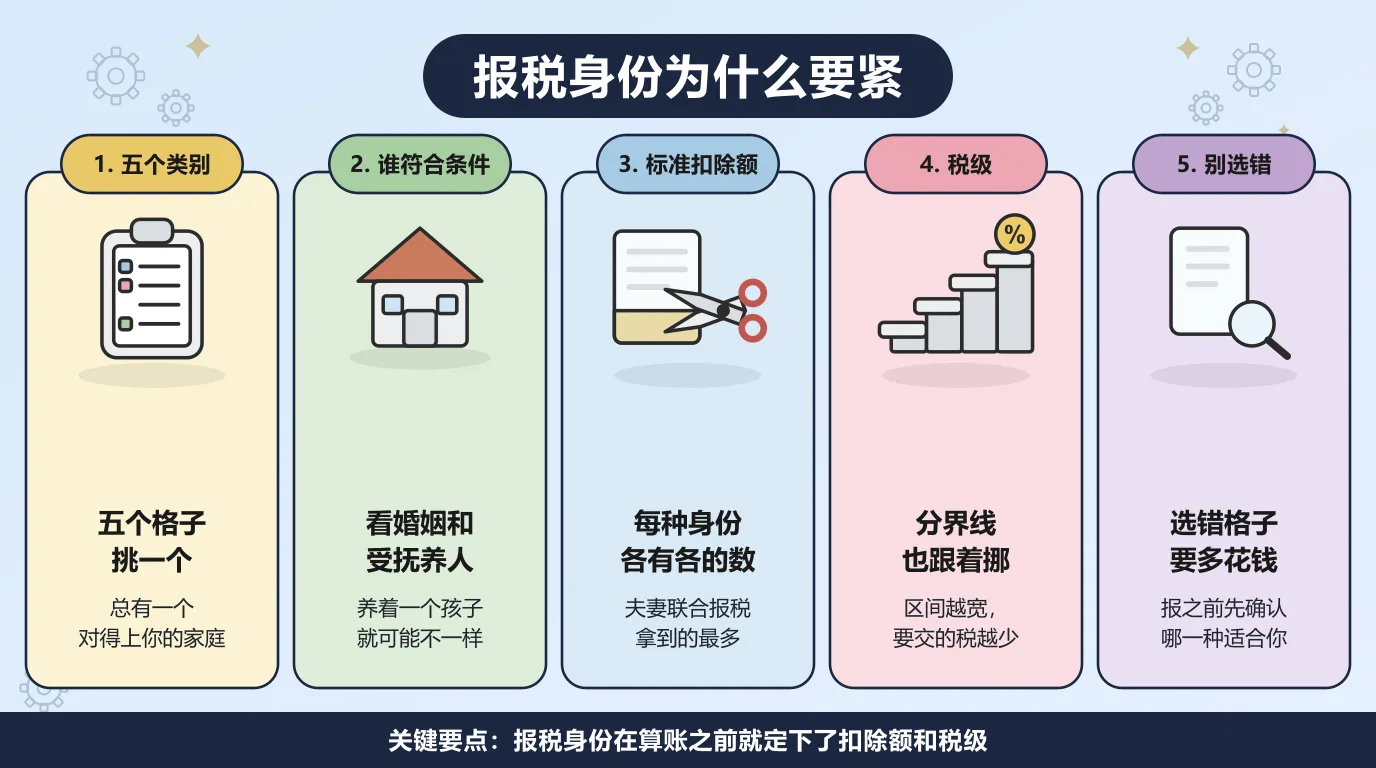 关于报税身份的五件事：一共五个类别可选，总有一个对得上你的家庭；婚姻状况和受抚养人决定你属于哪一类；每种身份的标准扣除额各有各的数，夫妻联合报税拿到的最多；税级的分界线也跟着挪，区间越宽要交的税越少；选错格子要多花钱。