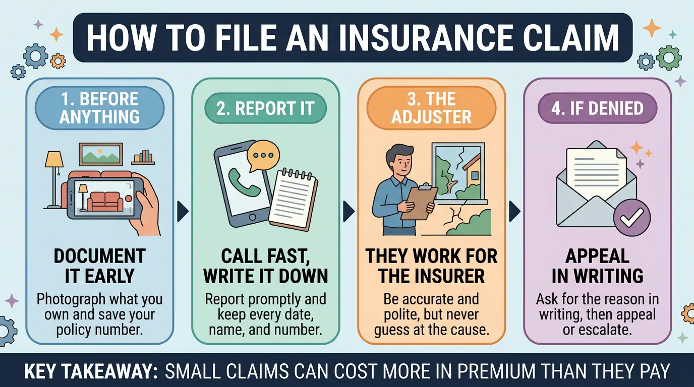 Four step claim process: document what you own early, report fast and log every contact, remember the adjuster works for the insurer, and appeal any denial in writing.