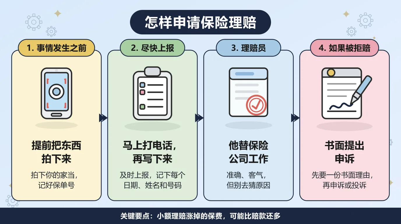 申请保险理赔的四个步骤：事情发生之前先把家当拍下来并记好保单号；出事后尽快上报，记下每个日期、姓名和号码；记住理赔员是替保险公司工作的，要准确客气但别去猜原因；被拒赔就先要一份书面理由，再申诉或者向州保险监管部门投诉。