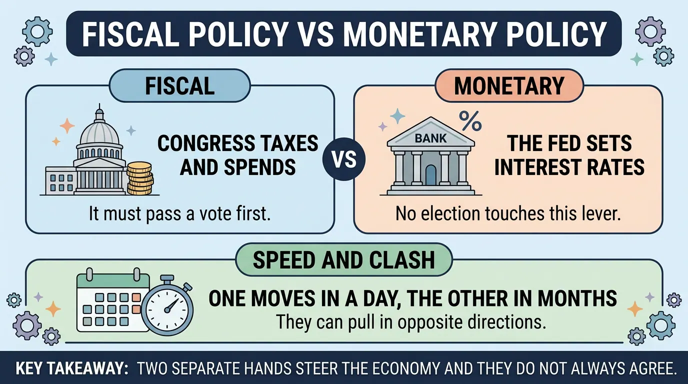 Congress taxing and spending set against the Fed setting interest rates, with a third panel on speed: one moves in a day, the other in months, and they can pull in opposite directions.