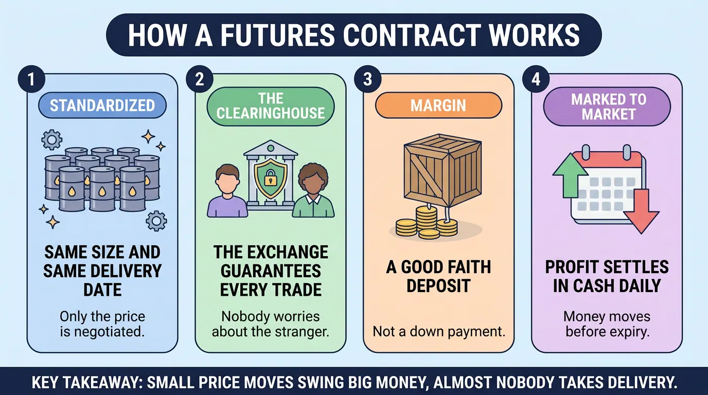 Four numbered panels on futures: standardized size and delivery date, the clearinghouse guaranteeing both sides, margin as a good faith deposit, and daily cash settlement of profit.