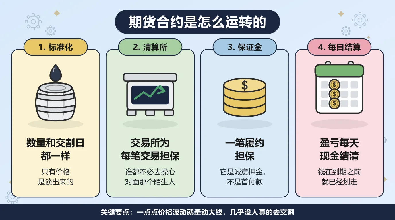 期货合约是怎么运转的四点：合约高度标准化，数量和交割日都一样，只有价格是谈出来的；清算所站在中间为每笔交易担保，谁都不必去操心对面那个陌生人；保证金是一笔诚意押金，用来担保你付得起一天的亏损，不是首付款；盈亏每天按市价现金结清，钱在到期之前就已经划走。