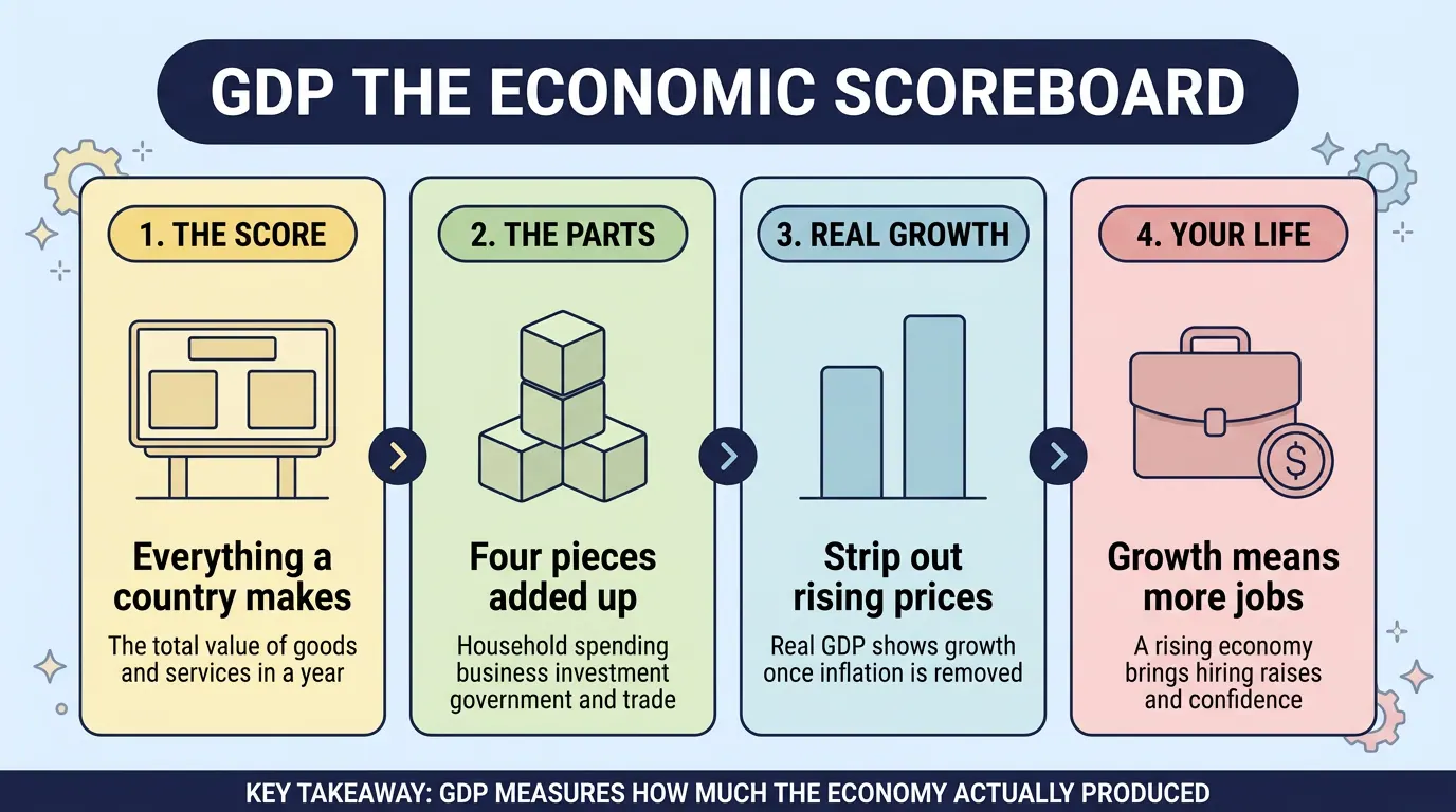 Four stage explainer of GDP: the total value a country produces, the four parts added up, real growth once inflation is stripped out, and what a rising economy means for jobs.
