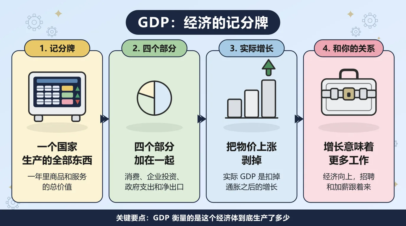 GDP 的四个阶段：它是一个国家一年里生产的全部商品和服务的总价值，由消费支出、企业投资、政府支出和净出口四部分加起来，实际 GDP 剥掉通胀才看得出真实的增长，而经济向上会带来更多招聘和加薪。