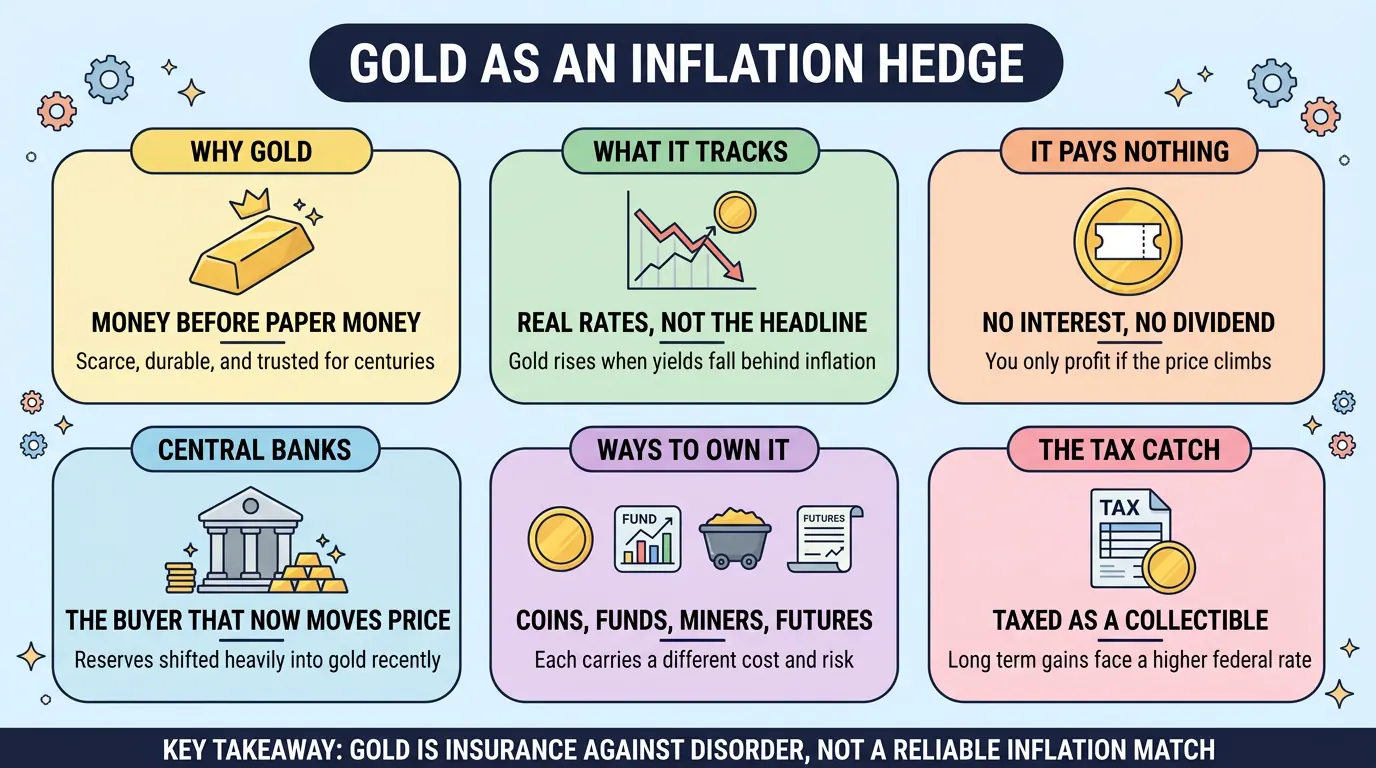 Six panels on gold: why it held value, that it tracks real rates, pays no income, is bought by central banks, and is taxed as a collectible. Verdict: insurance, not an inflation match.
