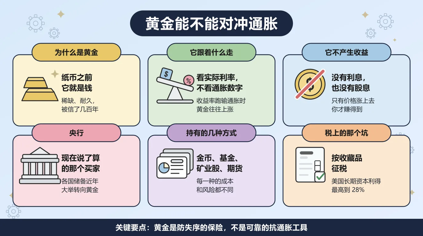 黄金能不能对冲通胀的六个方面：纸币出现之前黄金就是钱，稀缺、耐久，被信了几百年；它跟的是实际利率而不是通胀数字，收益率跑输通胀时黄金往往上涨；它不付利息也不付股息，只有价格涨上去你才赚得到；各国央行近年大举买入，成了说了算的那个买家；持有方式有金币、基金、矿业股和期货，成本和风险各不相同；在美国它按收藏品征税，长期资本利得最高到 28%。