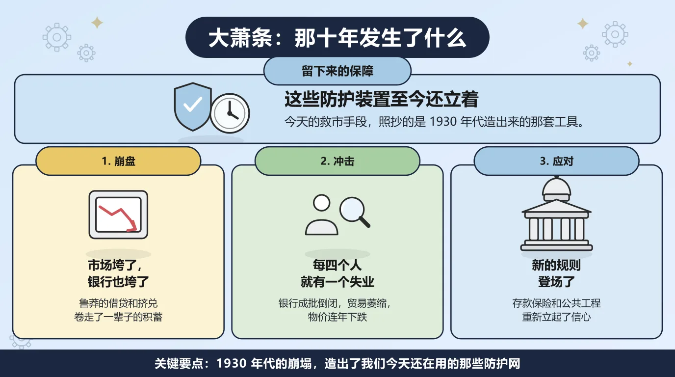 大萧条的四个方面：市场和银行一起垮掉，鲁莽的借贷和挤兑卷走了一辈子的积蓄；每四个美国劳动者就有一个失去工作，银行成批倒闭、贸易萎缩、物价连年下跌；存款保险和公共工程这些新规则重新立起了信心；而这些防护装置至今还立着，今天的救市手段照抄的正是 1930 年代造出来的工具。