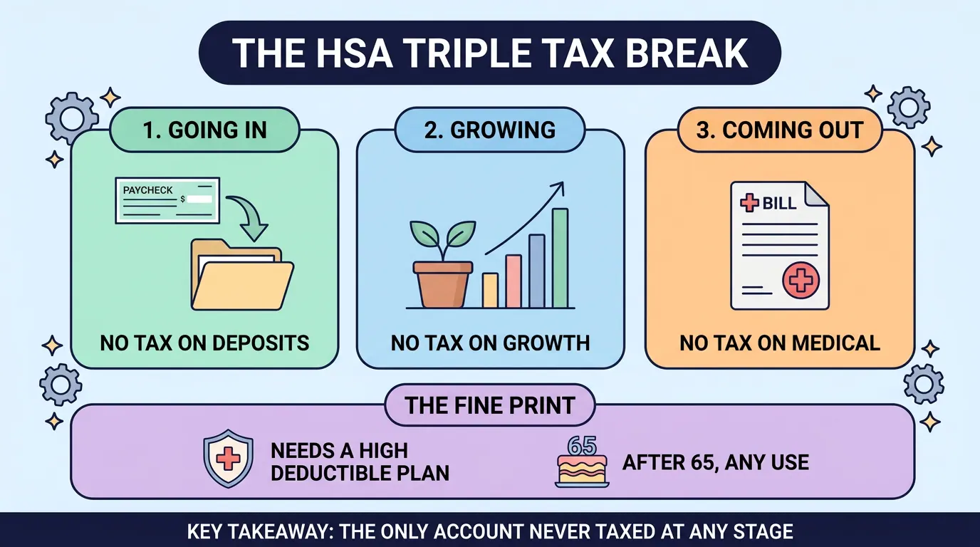 Three stages of the HSA tax break, no tax going in, growing, or coming out for medical costs, with fine print: it needs a high deductible plan, and after 65 the money has any use.
