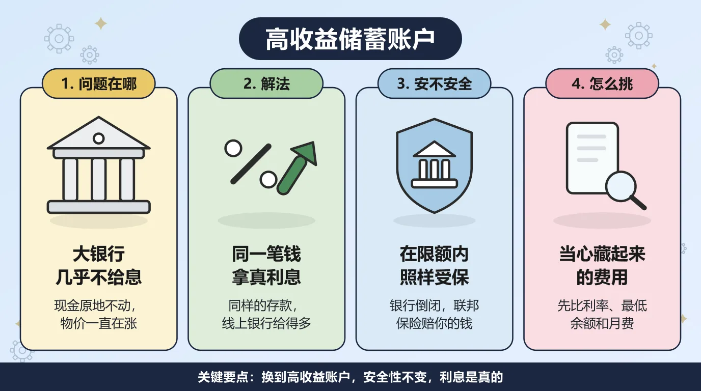 高收益储蓄账户的四个要点：大银行的储蓄账户几乎不给利息，同一笔现金放到线上银行能拿到真正的利息，存款照样在限额内受联邦保险保障，挑账户时先比较利率、最低余额和月费。