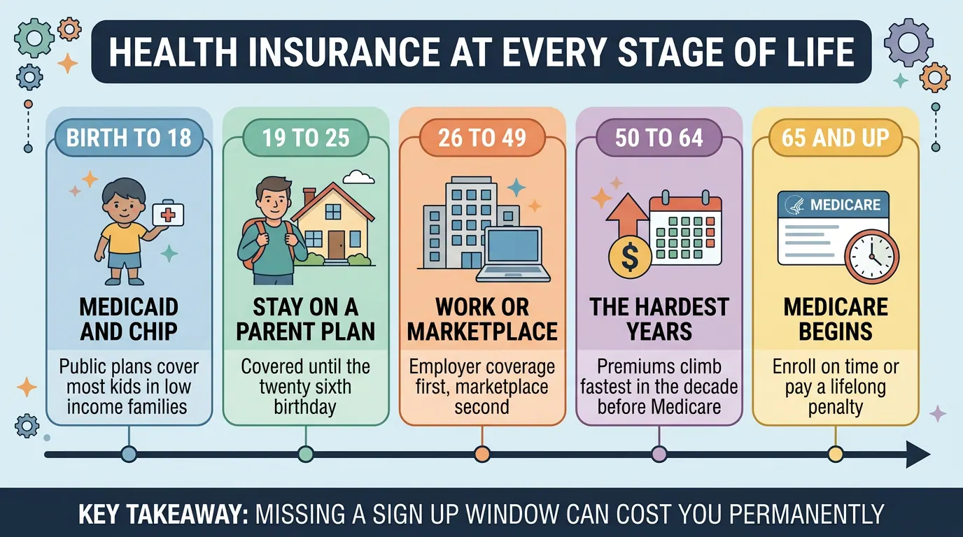 Timeline of health coverage across five life stages, from Medicaid and CHIP in childhood to a parent plan, employer or marketplace cover, the costly fifties, and Medicare at 65.