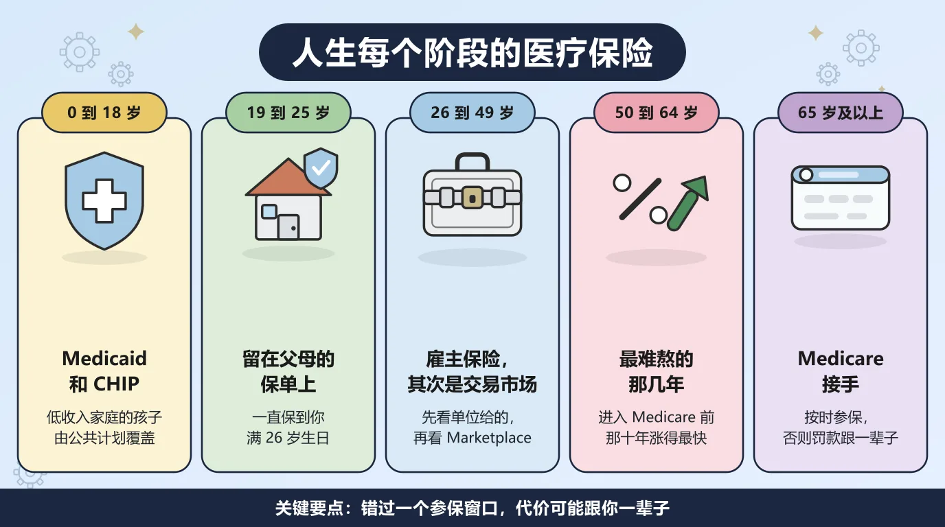 医疗保险在人生五个阶段的样子：0 到 18 岁靠 Medicaid 和 CHIP，19 到 25 岁可以留在父母的保单上，26 到 49 岁以雇主保险为主、其次是交易市场，50 到 64 岁保费涨得最快，65 岁起由 Medicare 接手。