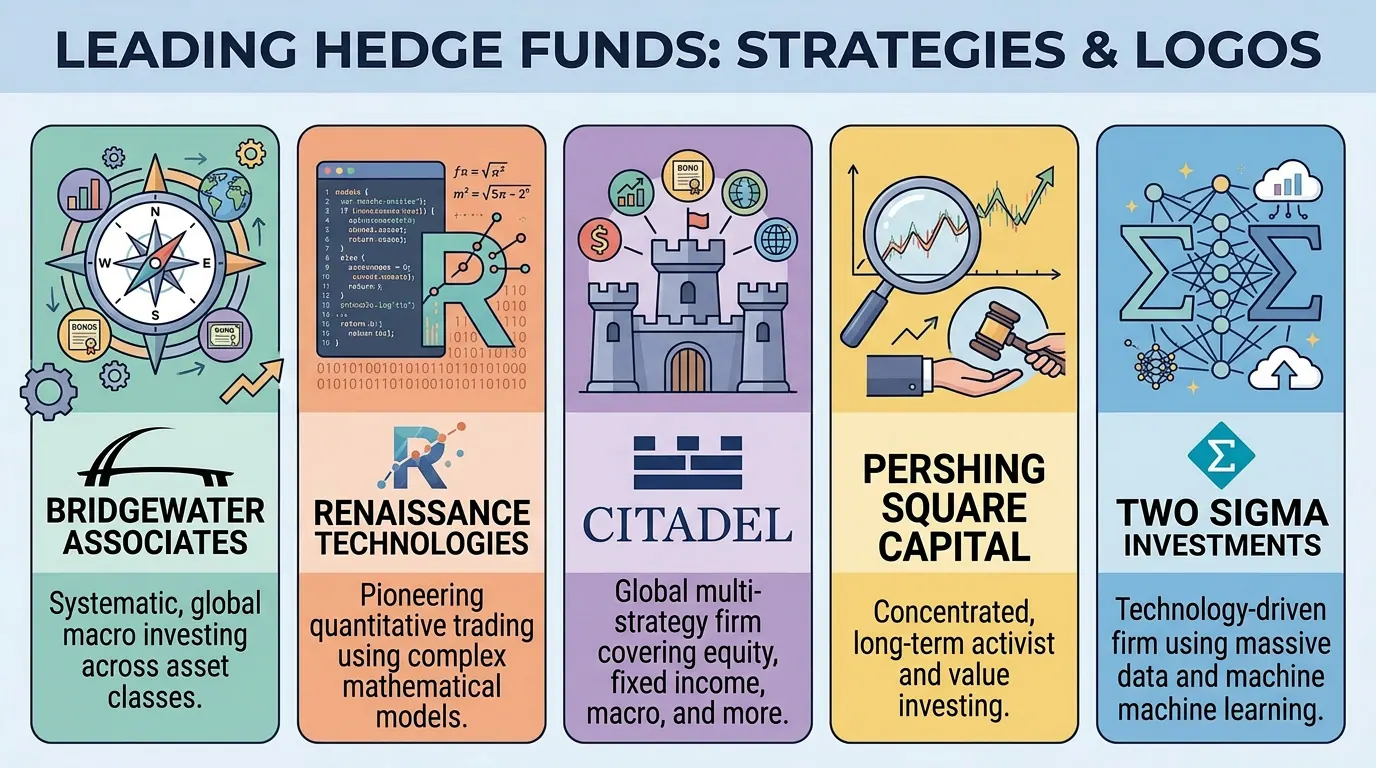 Five leading hedge funds with logos and strategies: Bridgewater (global macro), Renaissance (quantitative models), Citadel (multi strategy), Pershing Square (activist value), Two Sigma (data and machine learning).