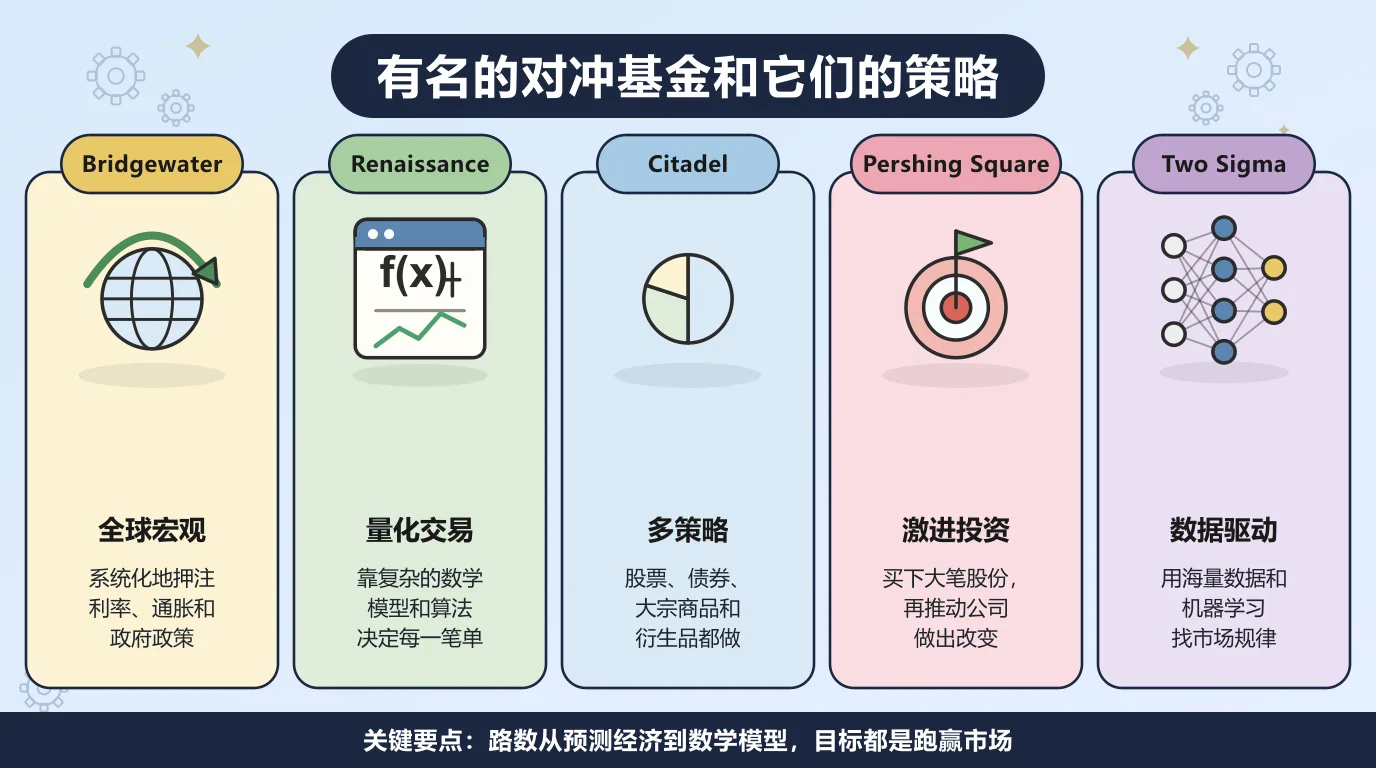 五家有名的对冲基金和各自的策略：Bridgewater 做全球宏观，系统化地押注利率、通胀和政府政策；Renaissance 靠复杂的数学模型和算法做量化交易；Citadel 是横跨股票、债券、大宗商品和衍生品的多策略机构；Pershing Square 做激进投资，买下大笔股份再推动公司改变；Two Sigma 用海量数据和机器学习去找市场规律。