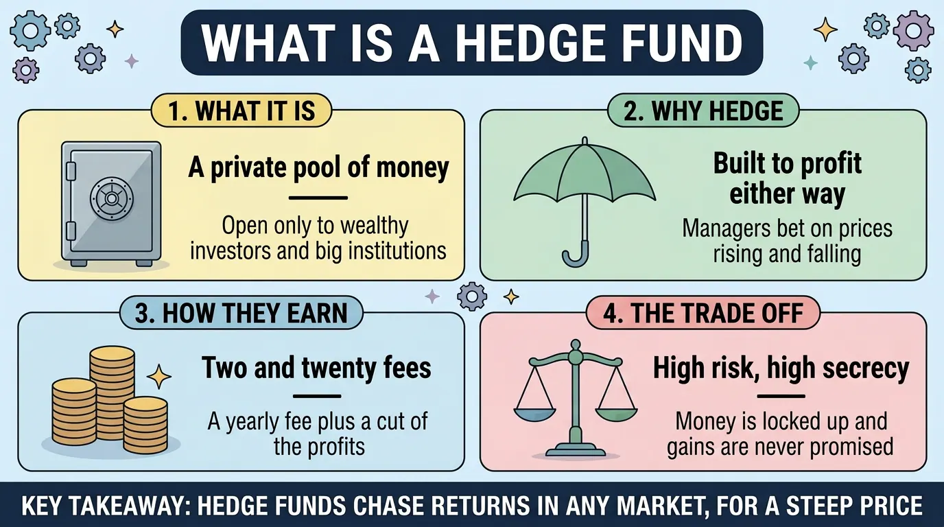 Four panels on hedge funds: a private pool open only to wealthy investors, built to profit whether prices rise or fall, paid through two and twenty fees, with high risk and locked up money.