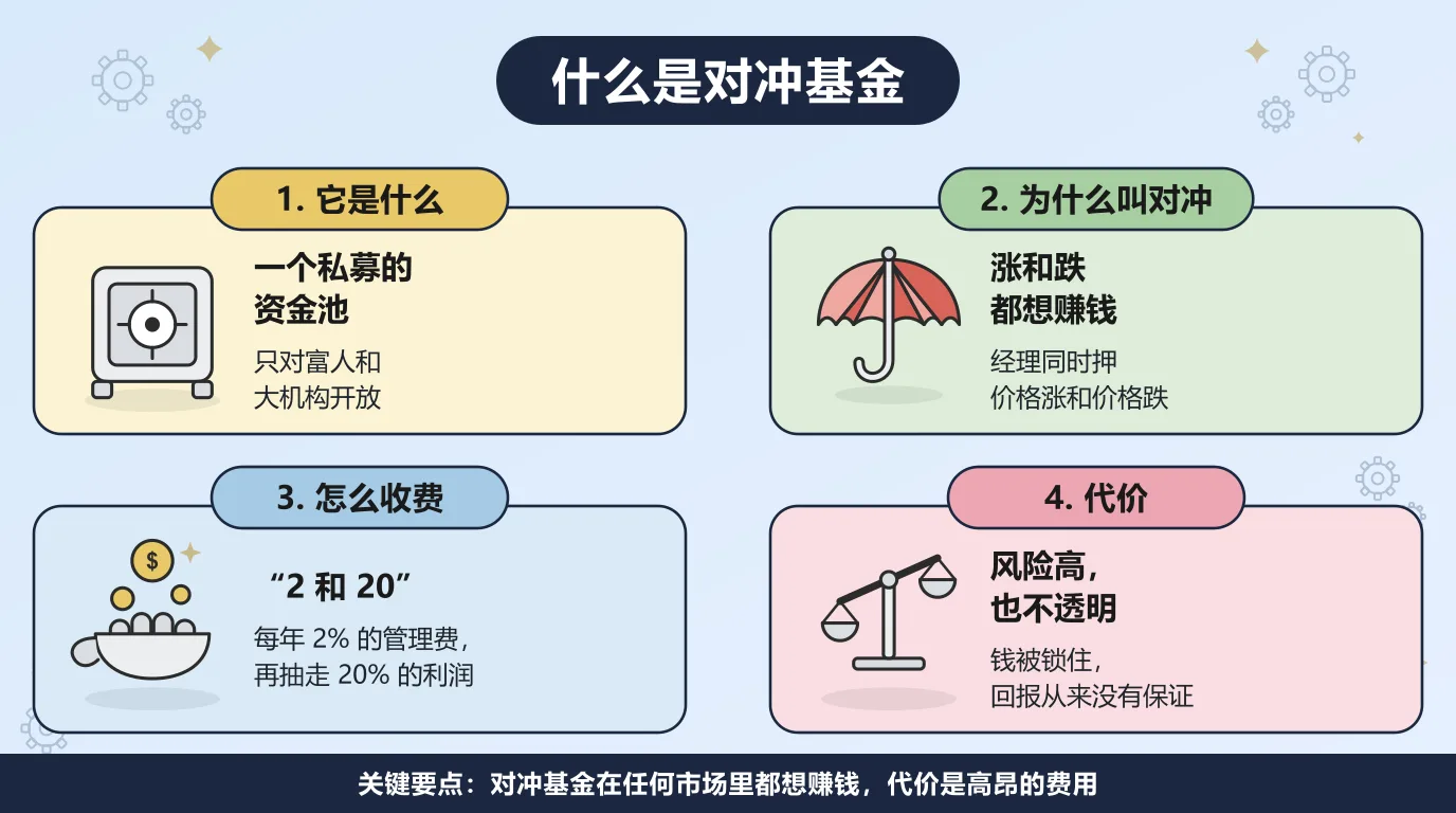 对冲基金的四个方面：它是一个只对富人和大机构开放的私募资金池；设计上要在价格涨和价格跌的时候都能赚钱；靠“2 和 20”的收费结构拿钱，也就是每年 2% 的管理费加两成利润；代价是高风险、不透明，钱还被锁住。