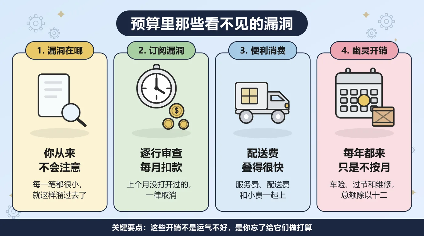 预算里的四种隐形开销：小额支出因为每一笔都看着很小，就这样溜过了预算；订阅漏洞要靠每月逐行审查账单来堵，上个月没打开过的一律取消；便利消费里服务费、配送费和小费很容易把一顿二十美元的饭推过三十五美元；幽灵开销是车辆登记费、保险和过节礼物这类每年都会来的账单，把年度总额除以十二按月存起来。
