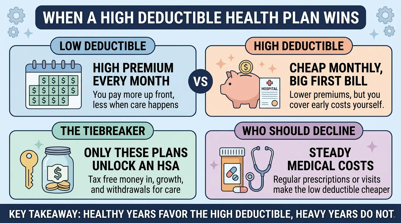 Side by side comparison of low and high deductible health plans, with HSA eligibility as the tiebreaker and steady medical costs as the reason to decline the high deductible.