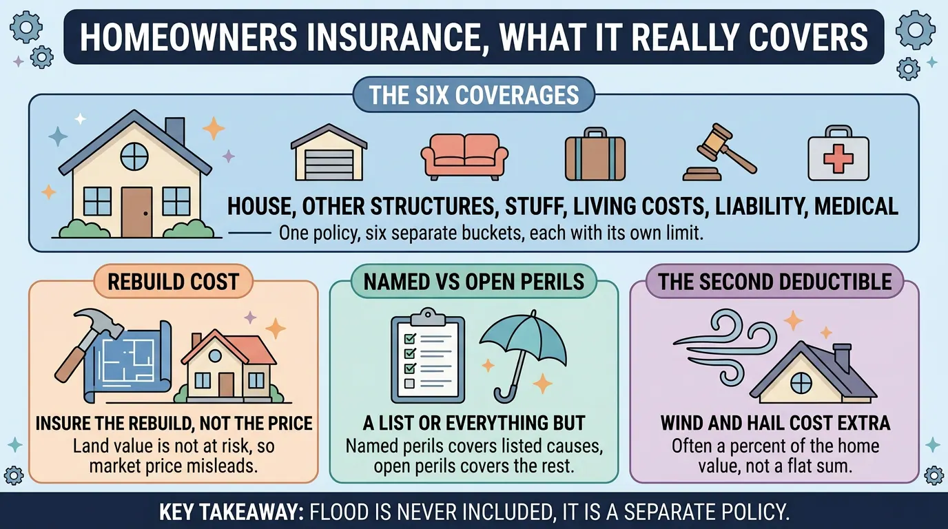 Homeowners policy split into six coverage buckets, plus panels on insuring rebuild cost rather than market price, named versus open perils, and a separate wind and hail deductible.