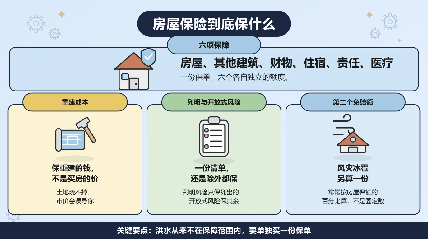 一份标准房屋保单拆成六项保障：房屋主体、其他建筑、个人财产、无法居住损失、个人责任和医疗费用，各有各的额度；此外要按重建成本而不是购房价格投保，要分清列明风险和开放式风险，还要留意风灾冰雹那个单独按百分比计算的免赔额。