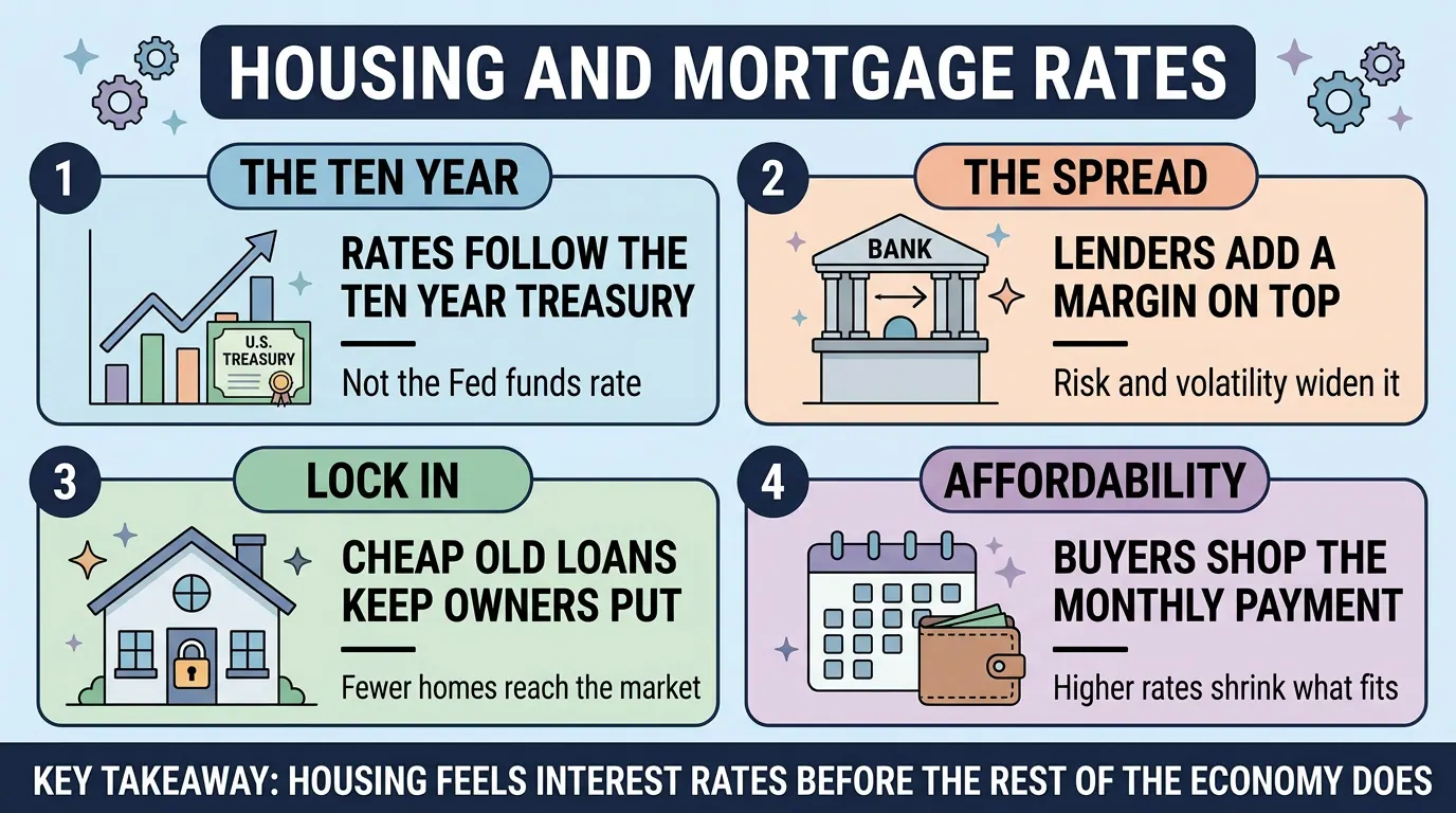 Four panels on mortgage rates: they follow the ten year Treasury rather than the Fed, lenders add a margin, cheap old loans keep owners put, and buyers shop the monthly payment.