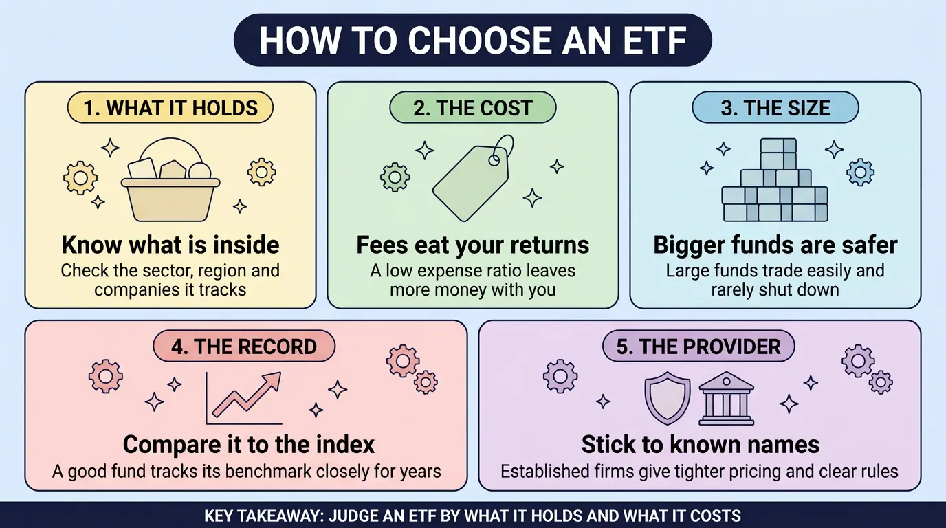 Five checks before buying an ETF: what it holds, the expense ratio, the fund size, how closely it has tracked its benchmark, and whether the provider is an established name.