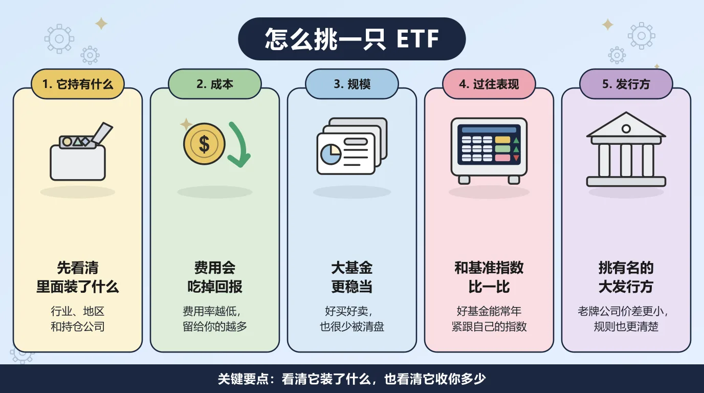 买 ETF 之前要看的五件事：它到底持有什么，费用率有多高，基金规模有多大，长期跟踪基准指数的效果如何，以及发行方是不是有分量的大机构。