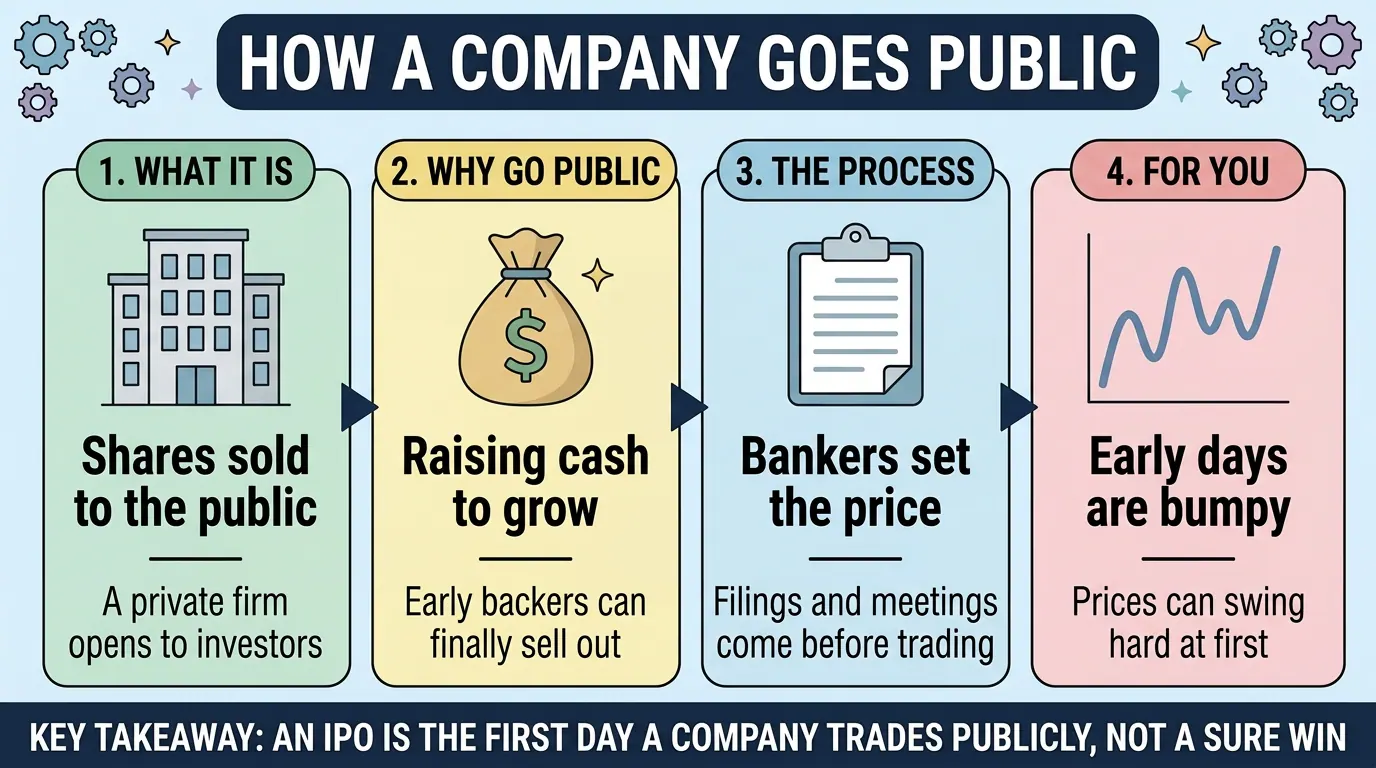 Four step flow of a company going public: a private firm sells shares to investors, raises cash to grow, bankers set the price, then early trading swings hard.