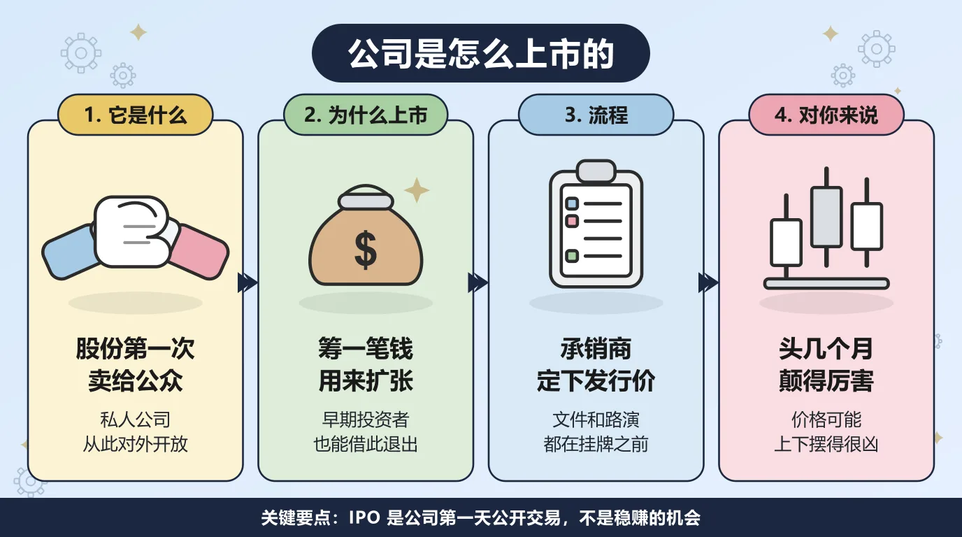 公司上市的四个步骤：私人公司第一次把股份卖给公众，从此对外开放；筹到的钱用来扩张，早期投资者也能借此退出；承销商准备文件、跑完路演，定下发行价；挂牌之后的头几个月价格可能上下摆得很凶。
