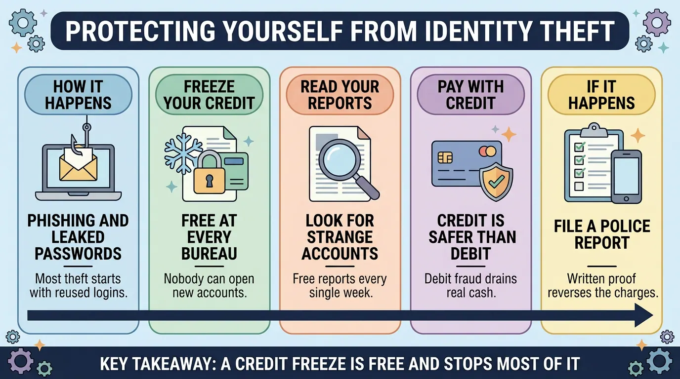 Five steps against identity theft: it starts with phishing and reused logins, so freeze credit free at every bureau, read your reports, pay by credit not debit, and file a police report.