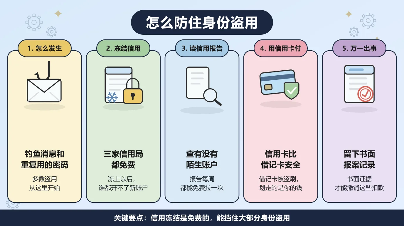 防身份盗用的五个步骤：多数盗用从钓鱼消息和重复使用的密码开始，在三家信用局免费冻结信用以后谁都开不了新账户，每周免费拉一次报告查有没有陌生账户，付款优先用信用卡而不是借记卡，真出了事就留下书面报案记录。