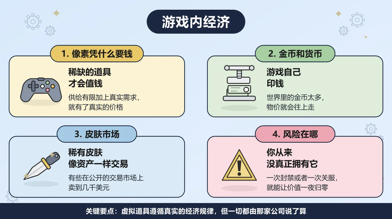 游戏内经济的四个方面：稀缺的道具才会值钱，供给有限加上真实的需求，就有了真实的价格；游戏自己印钱，世界里的金币太多，物价就会往上走；稀有皮肤像资产一样交易，有些在公开的交易市场上卖到几千美元；而风险在于你从来没真正拥有它，一次封禁或者一次关服就能让价值一夜归零。
