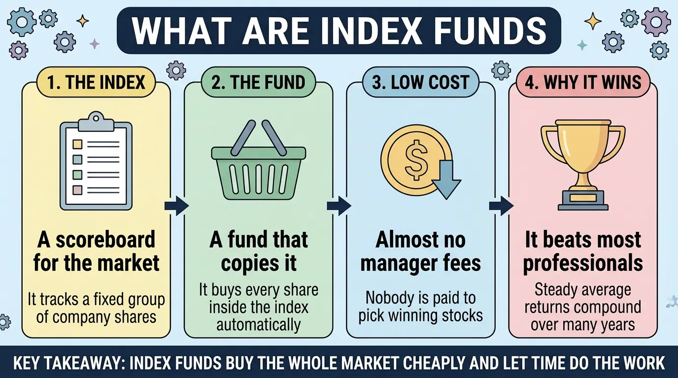Four step flow: an index is a scoreboard for the market, a fund copies it automatically, nobody is paid to pick stocks so costs stay low, and steady average returns beat most professionals.