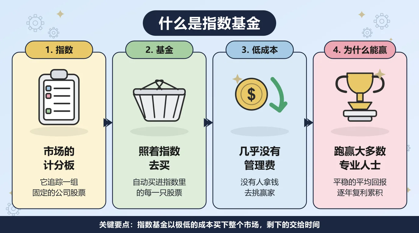 指数基金的四个步骤：指数是市场的计分板，基金照着指数自动买进，没有人拿钱去挑股票所以成本极低，平稳的平均回报最终跑赢大多数专业人士。