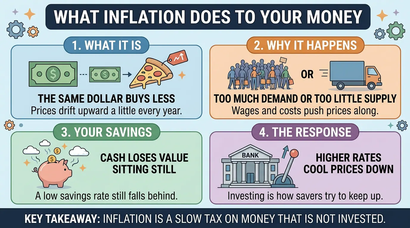Four panels on inflation: the same dollar buys less each year, too much demand or too little supply causes it, idle cash loses value, and higher rates are the response.