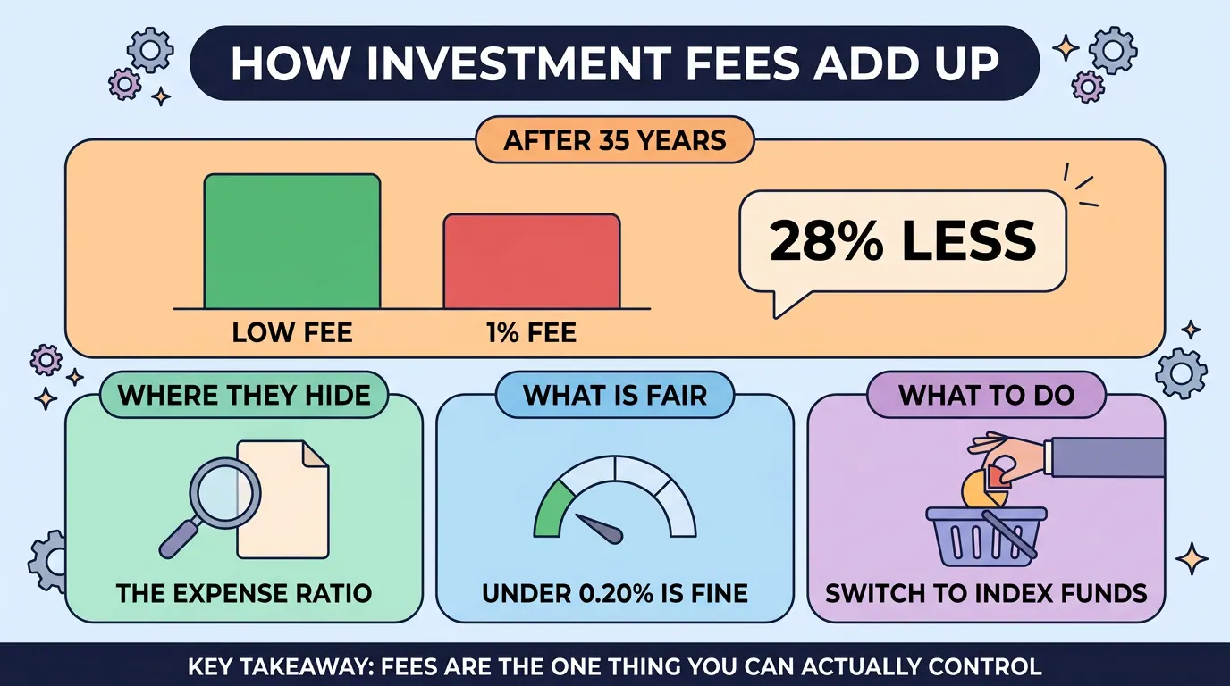 Bar chart showing a 1% fee leaves 28% less after 35 years, plus panels on where fees hide (the expense ratio), what is fair (under 0.20%) and switching to index funds.